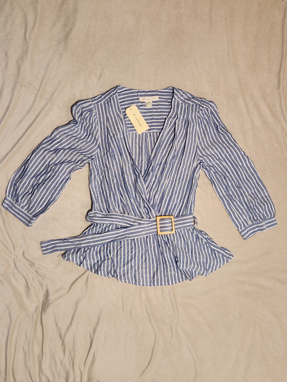 NWT Monteau Striped Wrap Blouse S Blue White Peplum Top Nautical Coastal Grandma